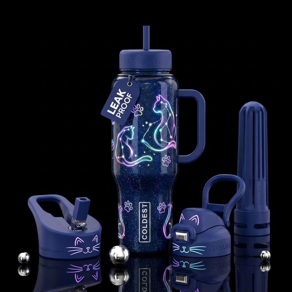 cat, sparkly, glowie water bottle design