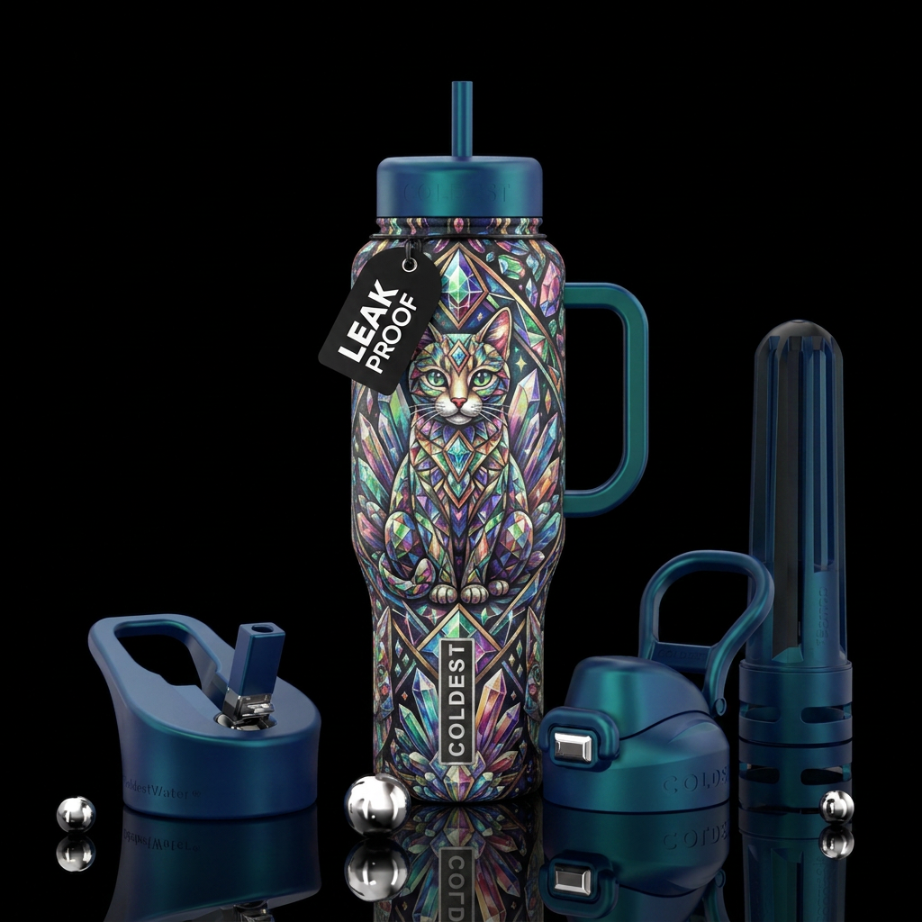 cat, gemstone water bottle design