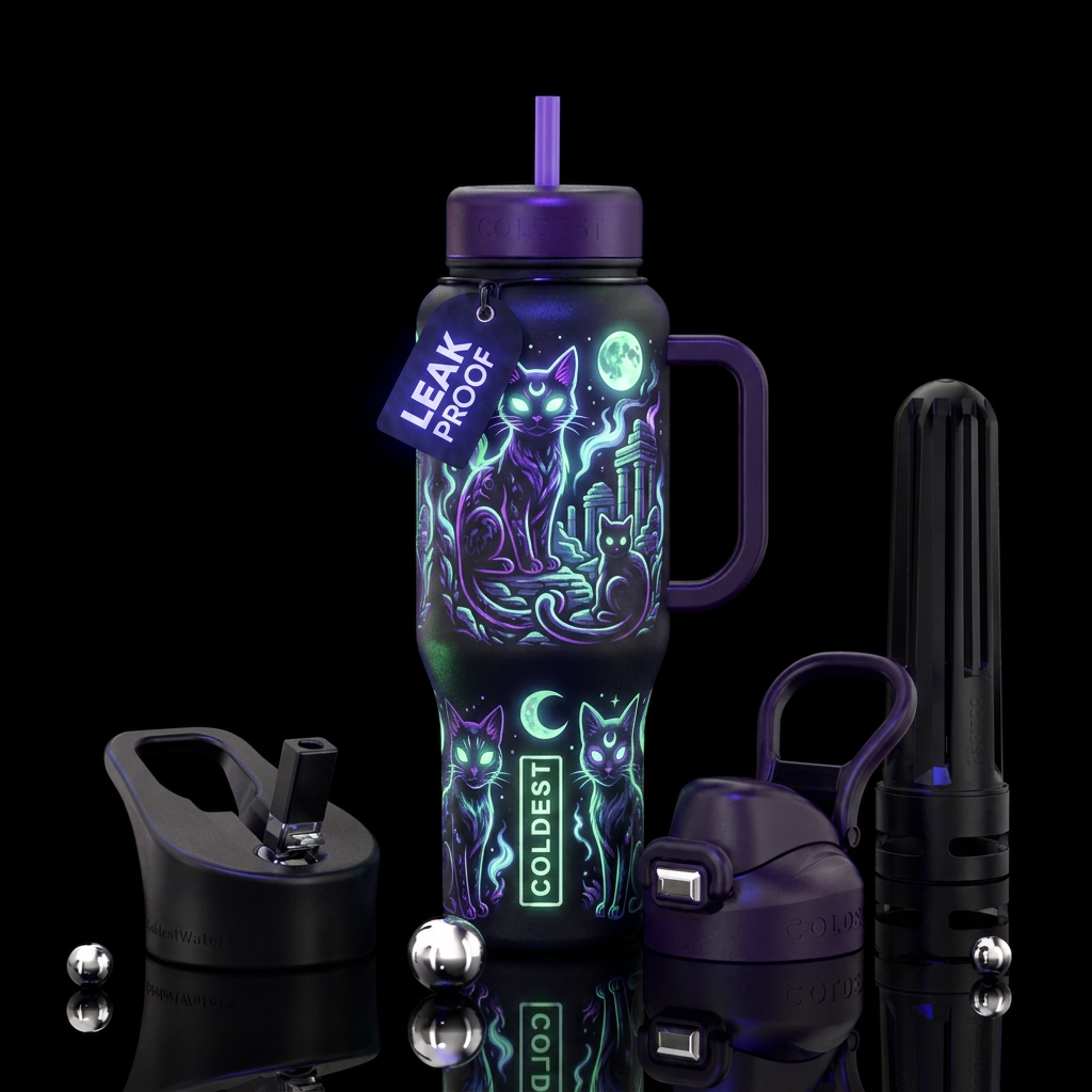 cat, haunted, glowie water bottle design