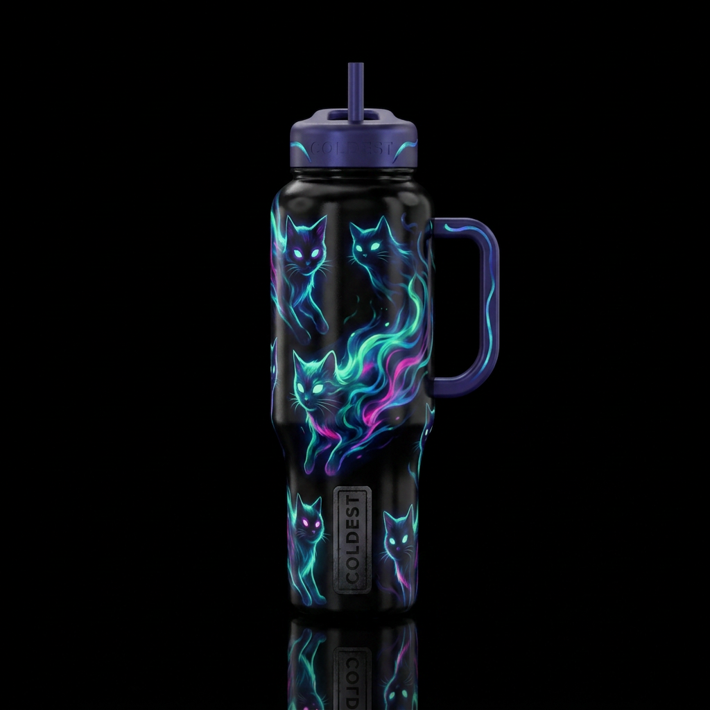 cat, haunted, glowie water bottle design