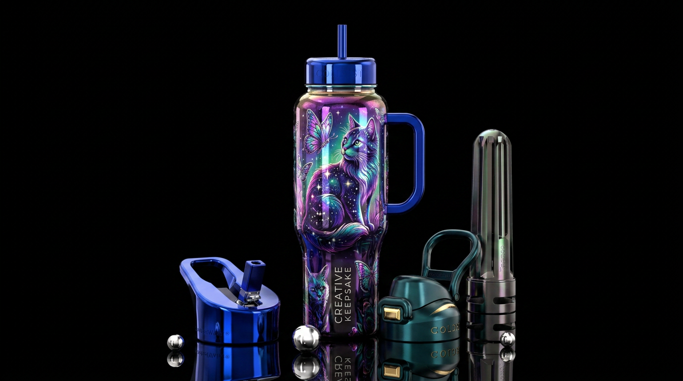 cat, butterfly, shiny water bottle design