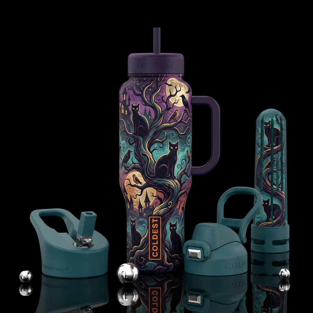 cat, haunted, birds water bottle design