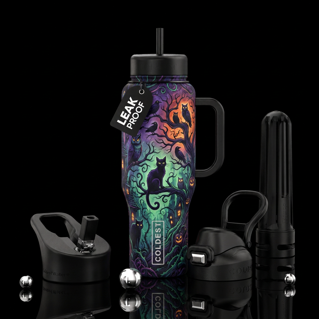 cat, haunted, birds water bottle design
