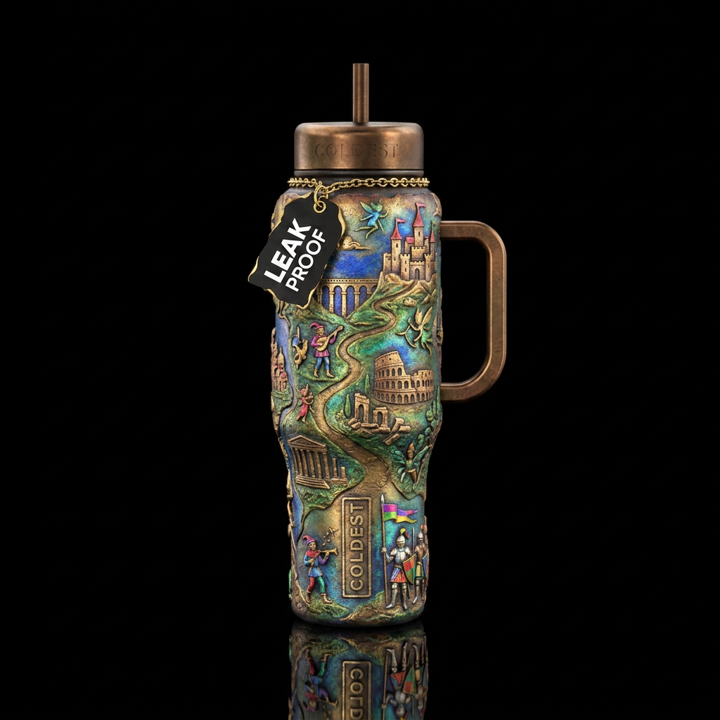 european, ancient, whimsical, realism water bottle design