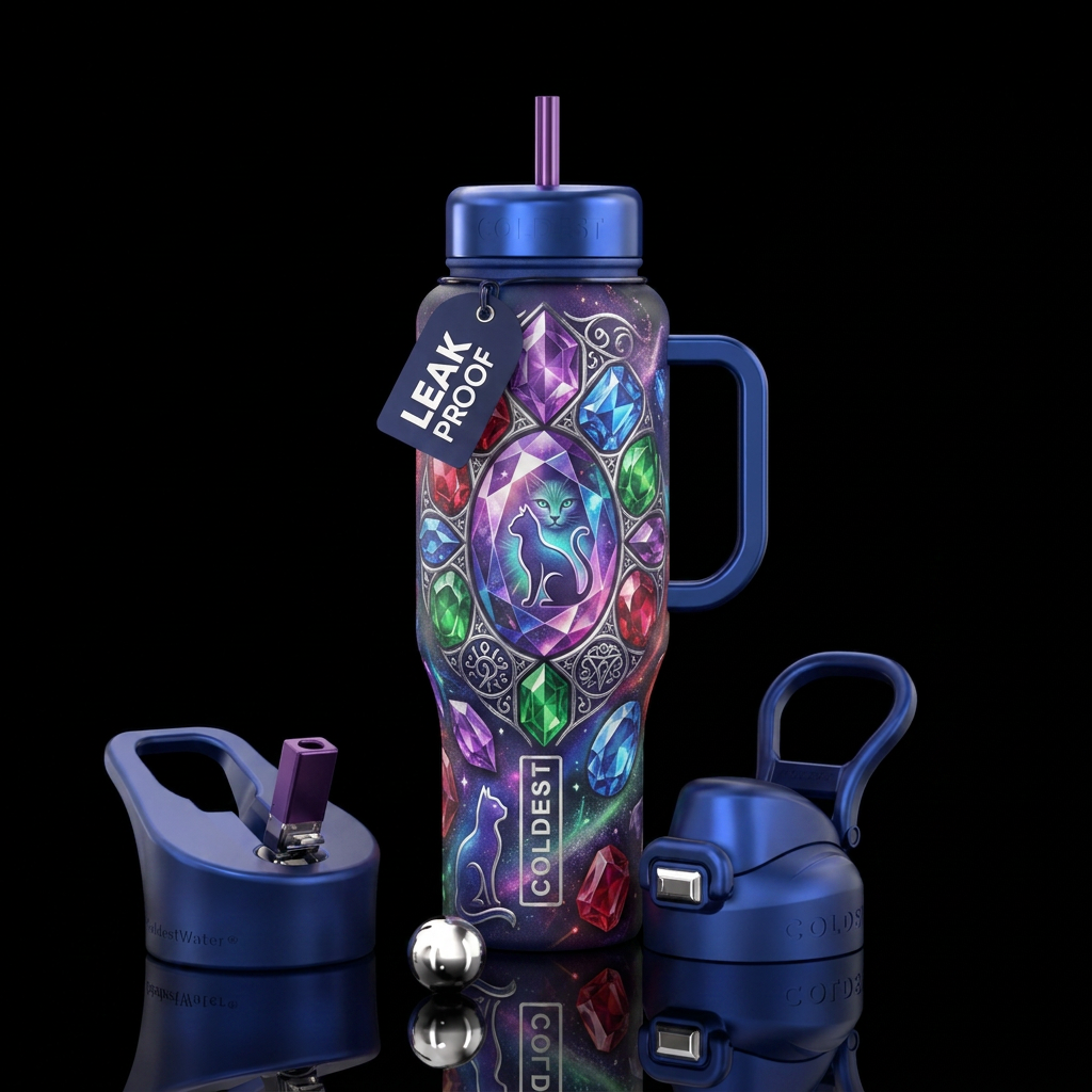gemstone, cat, magic water bottle design