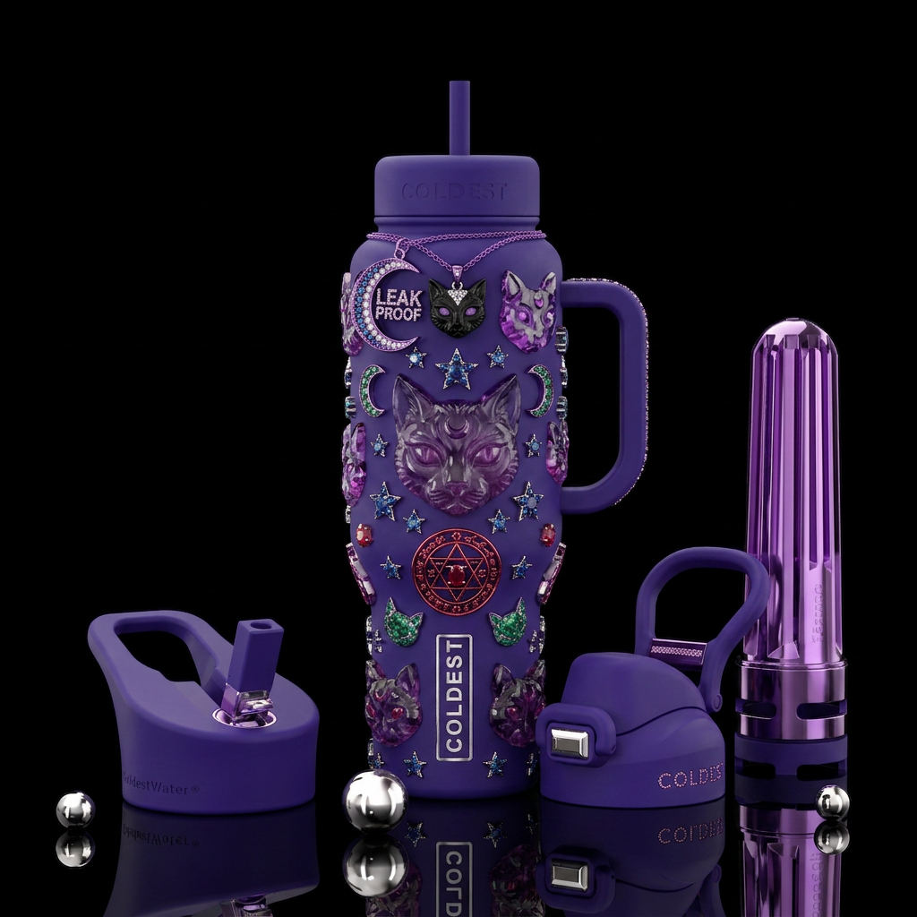 gemstone, cat, magic water bottle design