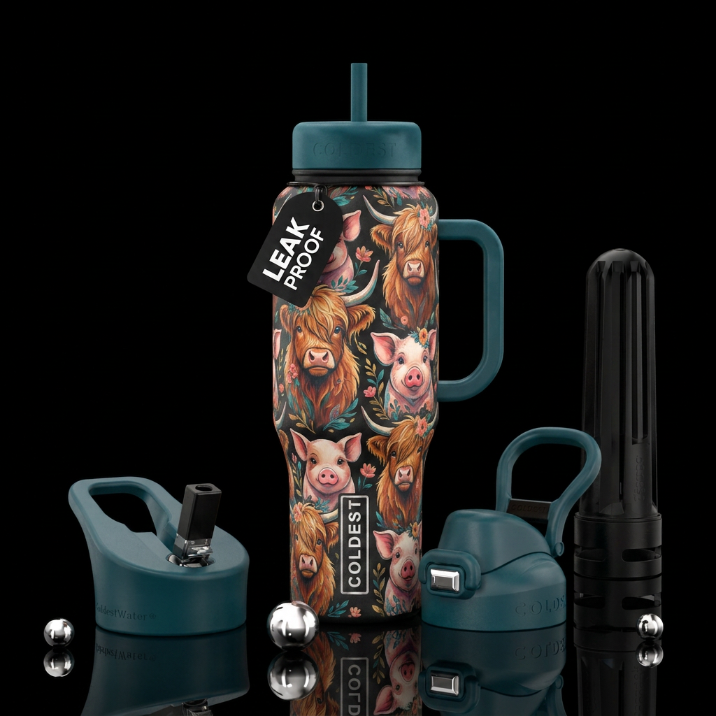 Highland cows and pigs water bottle design