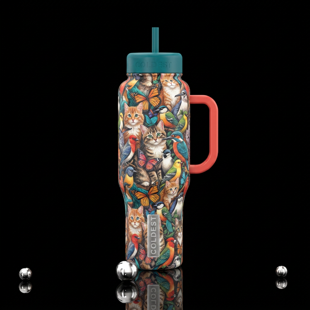 cat, butterfly, birds water bottle design