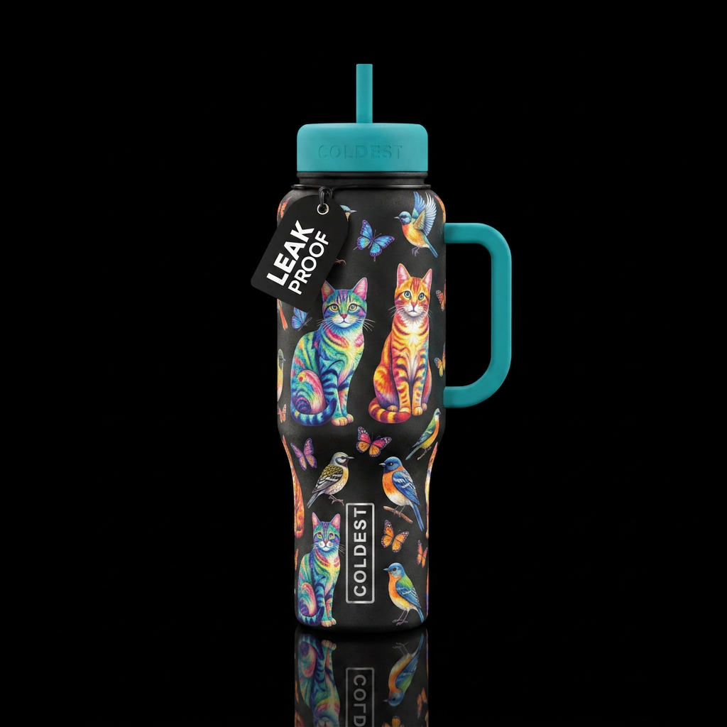 cat, butterfly, birds water bottle design