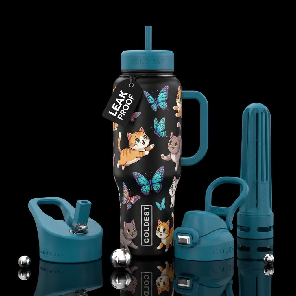 Cartoon cats caseing butterflys water bottle design