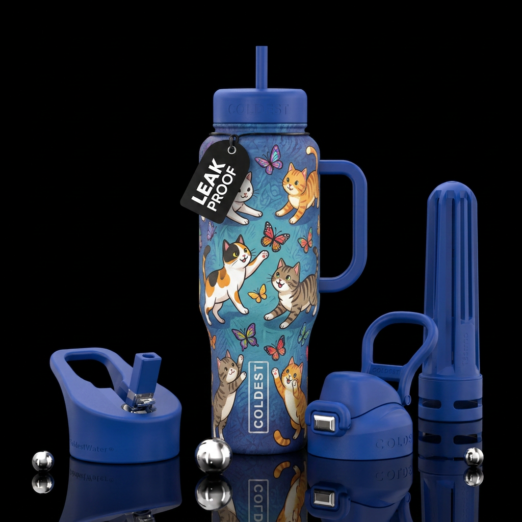 Cartoon cats caseing butterflys water bottle design