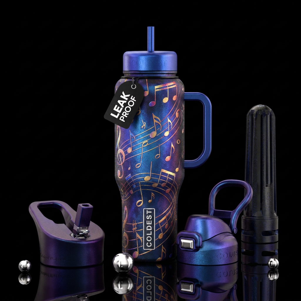 music notes, shimmer water bottle design