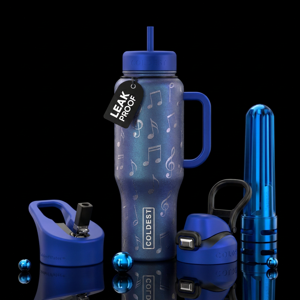 music notes, shimmer water bottle design