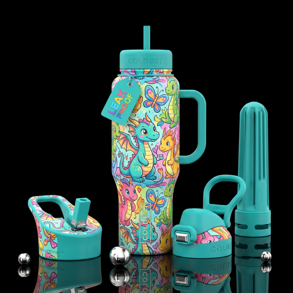dragon, butterfly, cartoon water bottle design