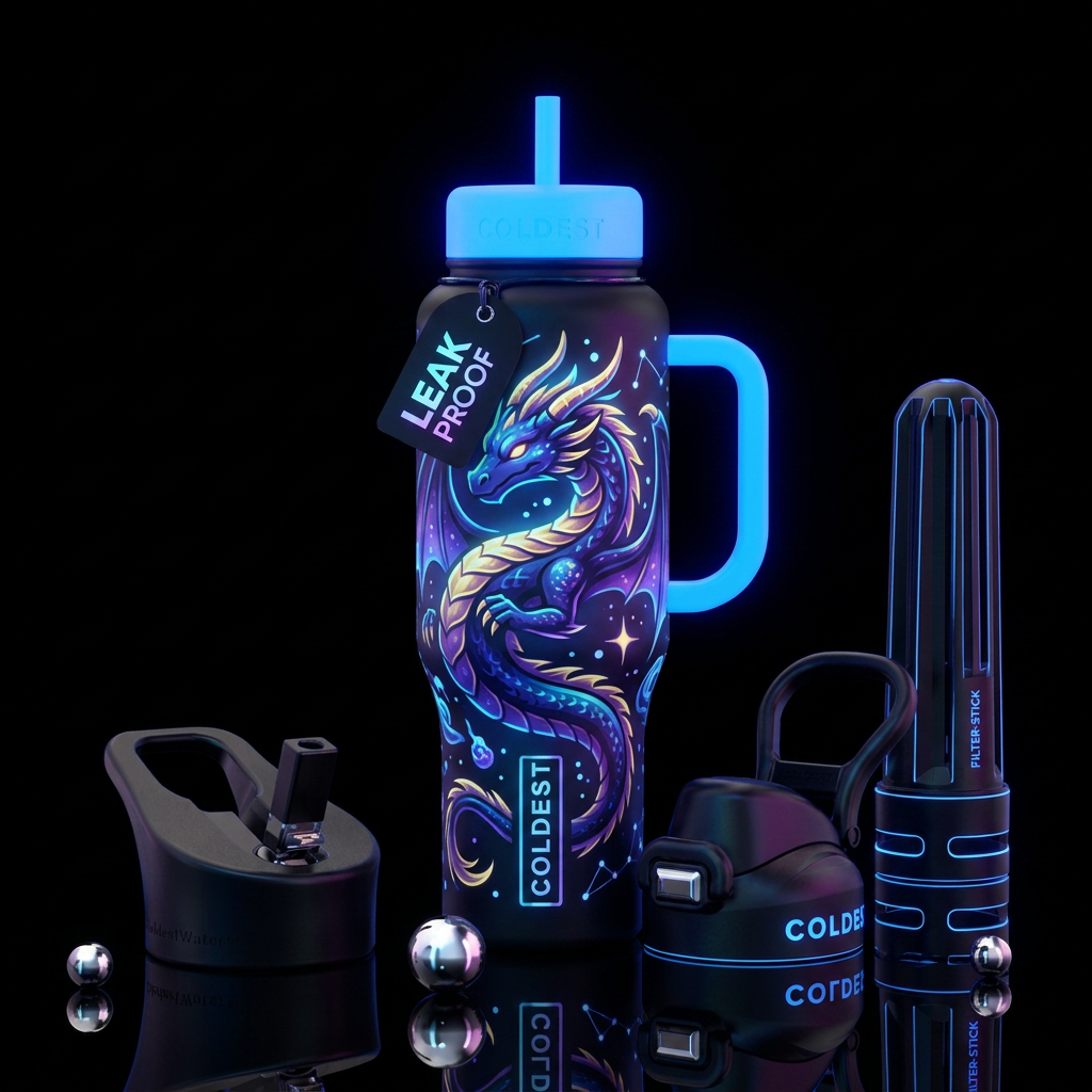 cartoon, dragon, glowie, shiny water bottle design