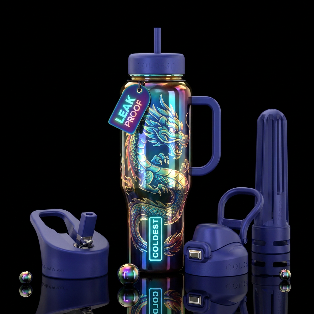 cartoon, dragon, glowie, shiny water bottle design