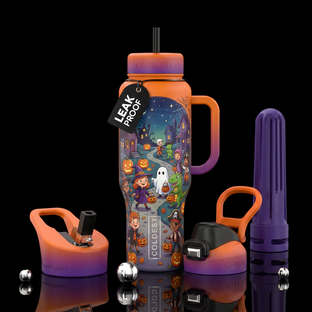 Halloween, cartoon, kids trick or treating water bottle design