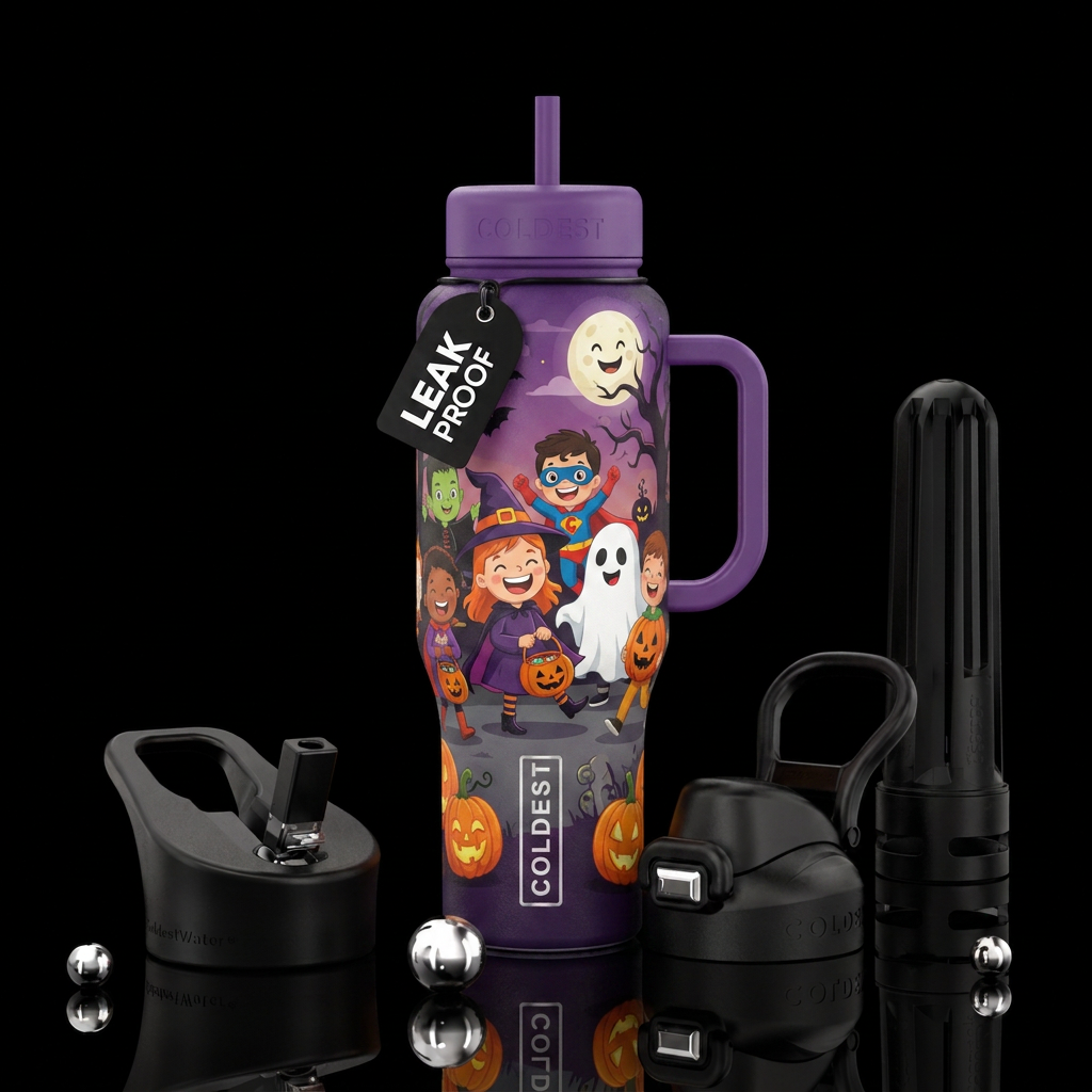 Halloween, cartoon, kids trick or treating water bottle design