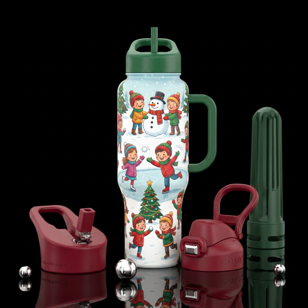 Christmas, cartoon, kids playing outside water bottle design
