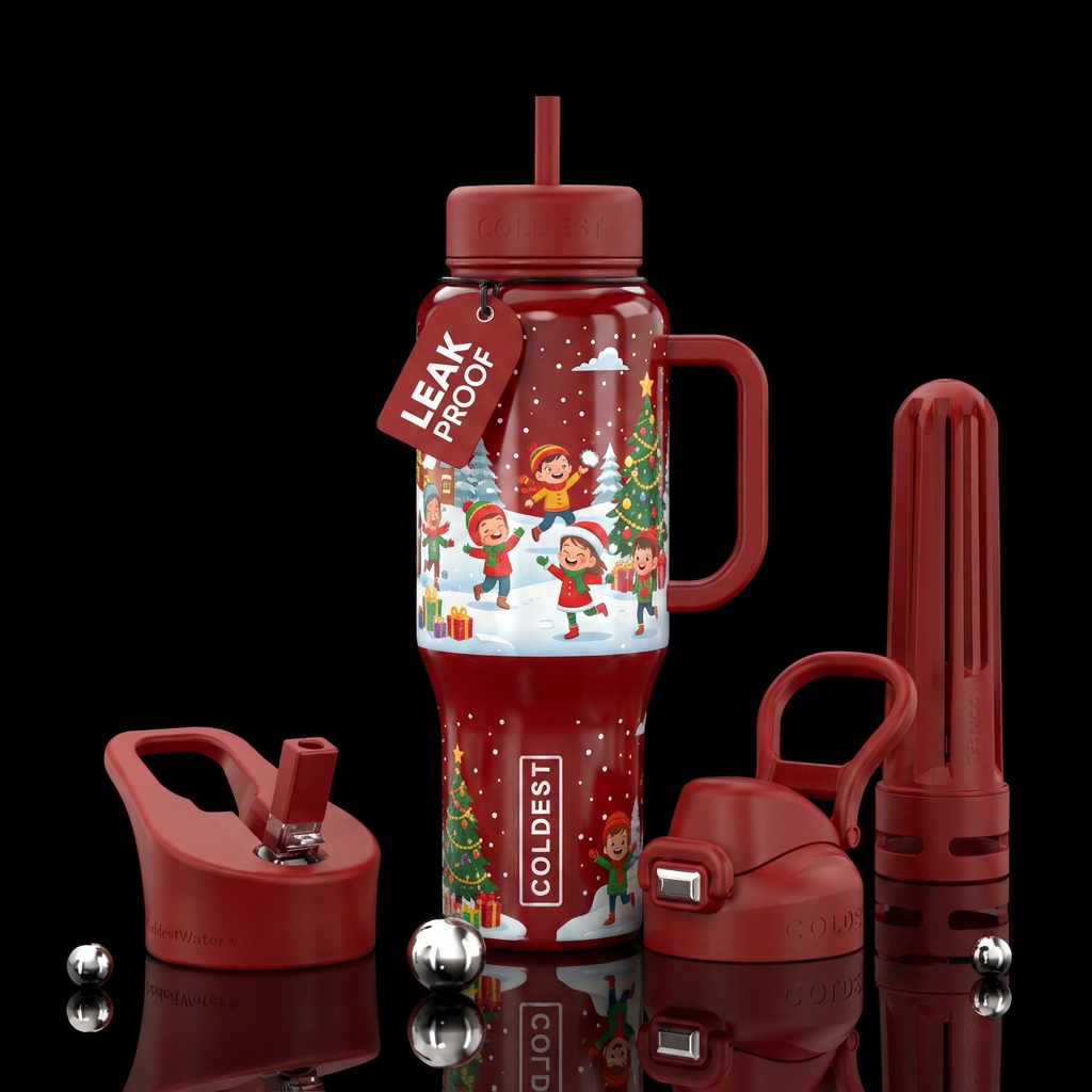 Christmas, cartoon, kids playing outside water bottle design