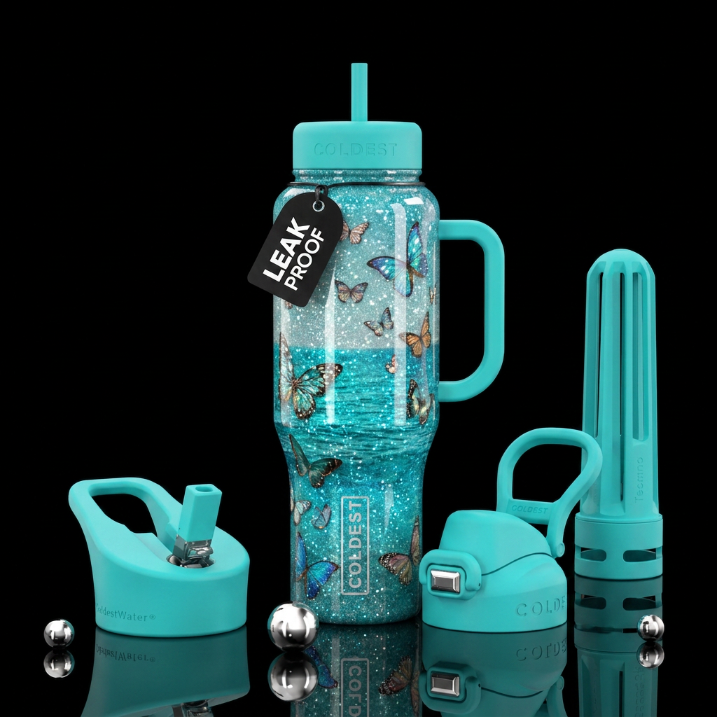 butterfly, ocean, sparkly water bottle design