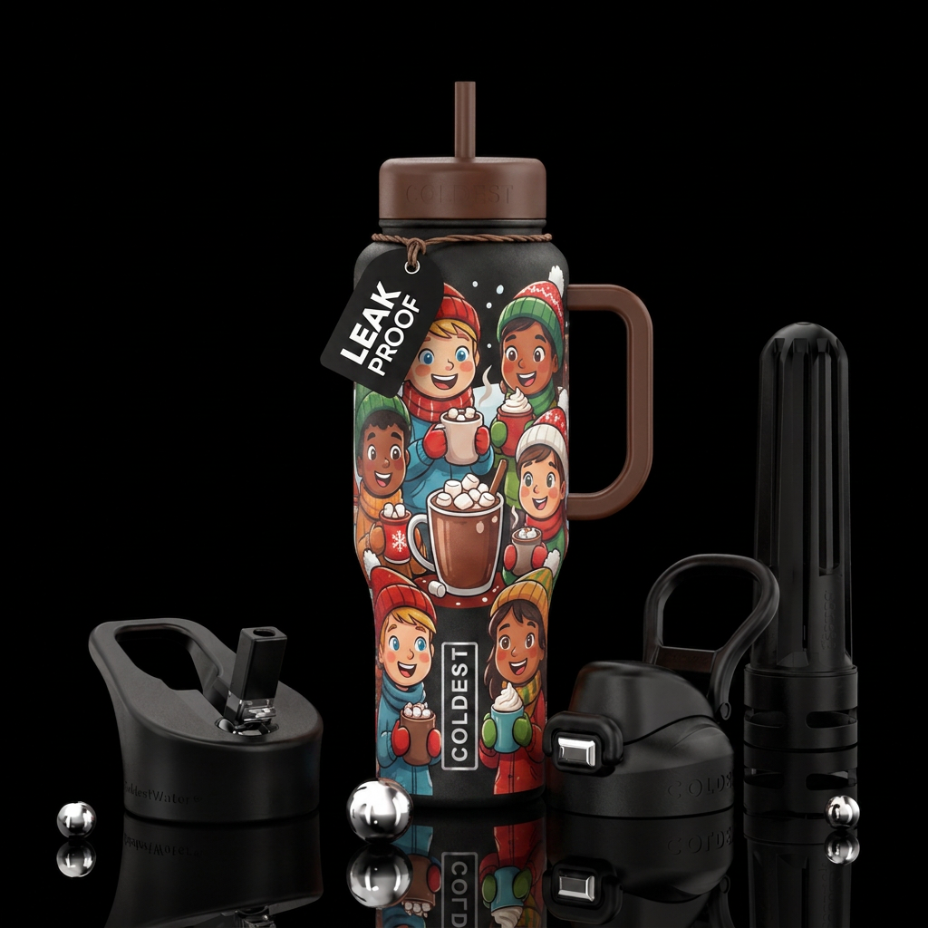 Cartoon kids drinking hot chocolate water bottle design
