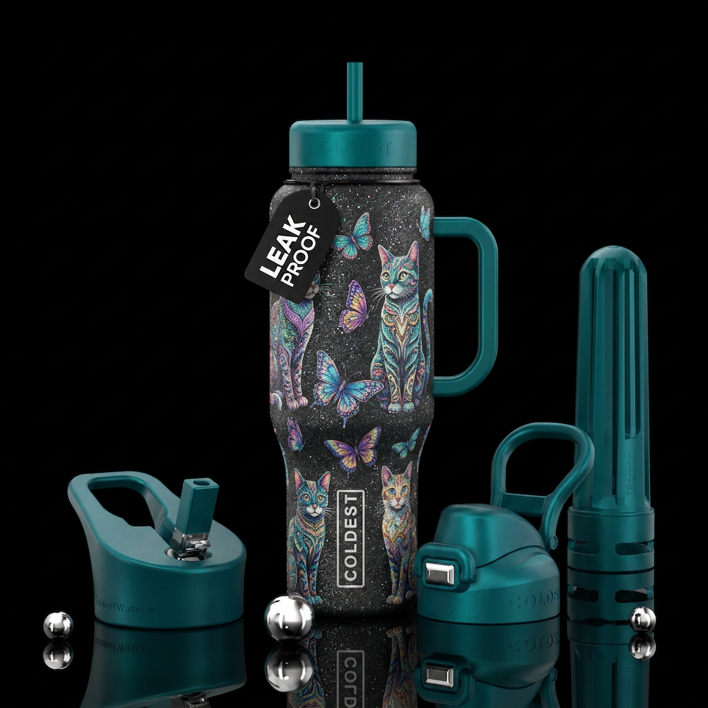 cat, butterfly, sparkly water bottle design