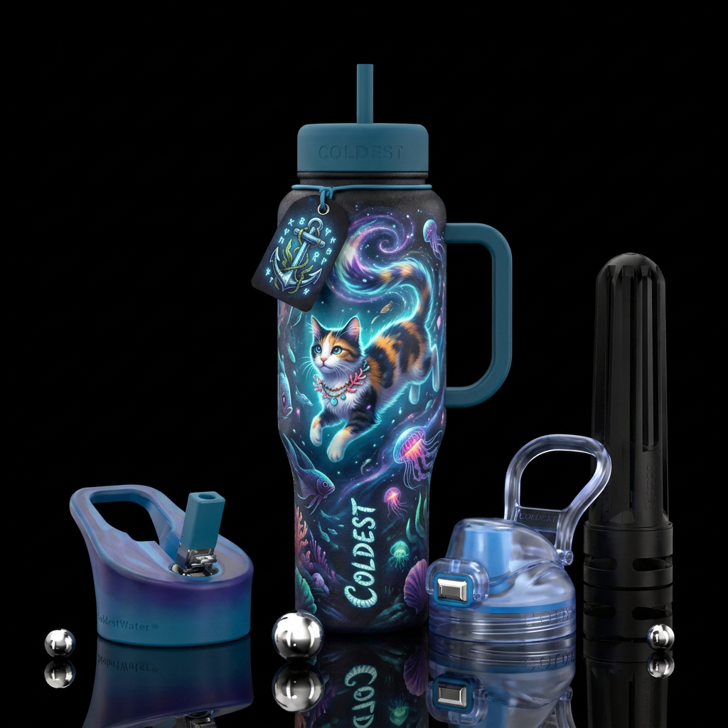 cat, ocean, magic water bottle design