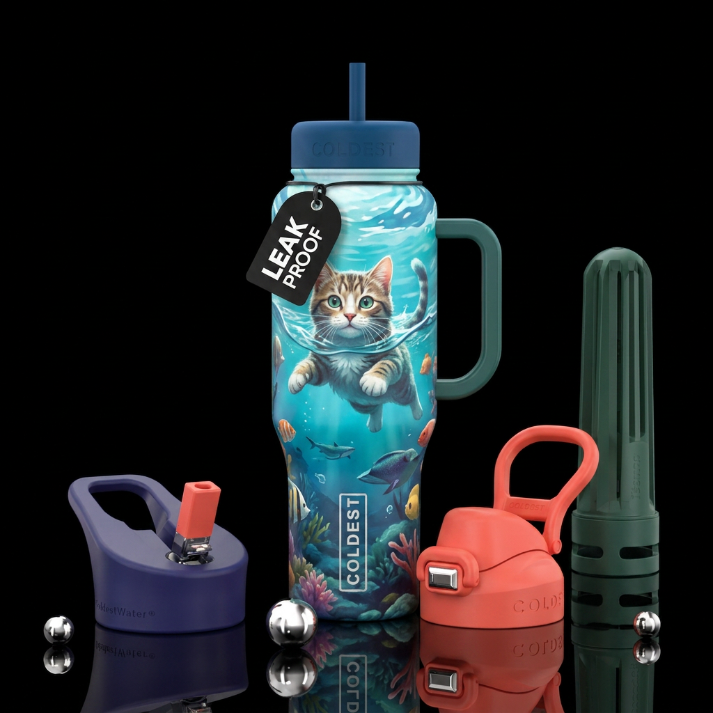 cat, ocean, whimsical water bottle design