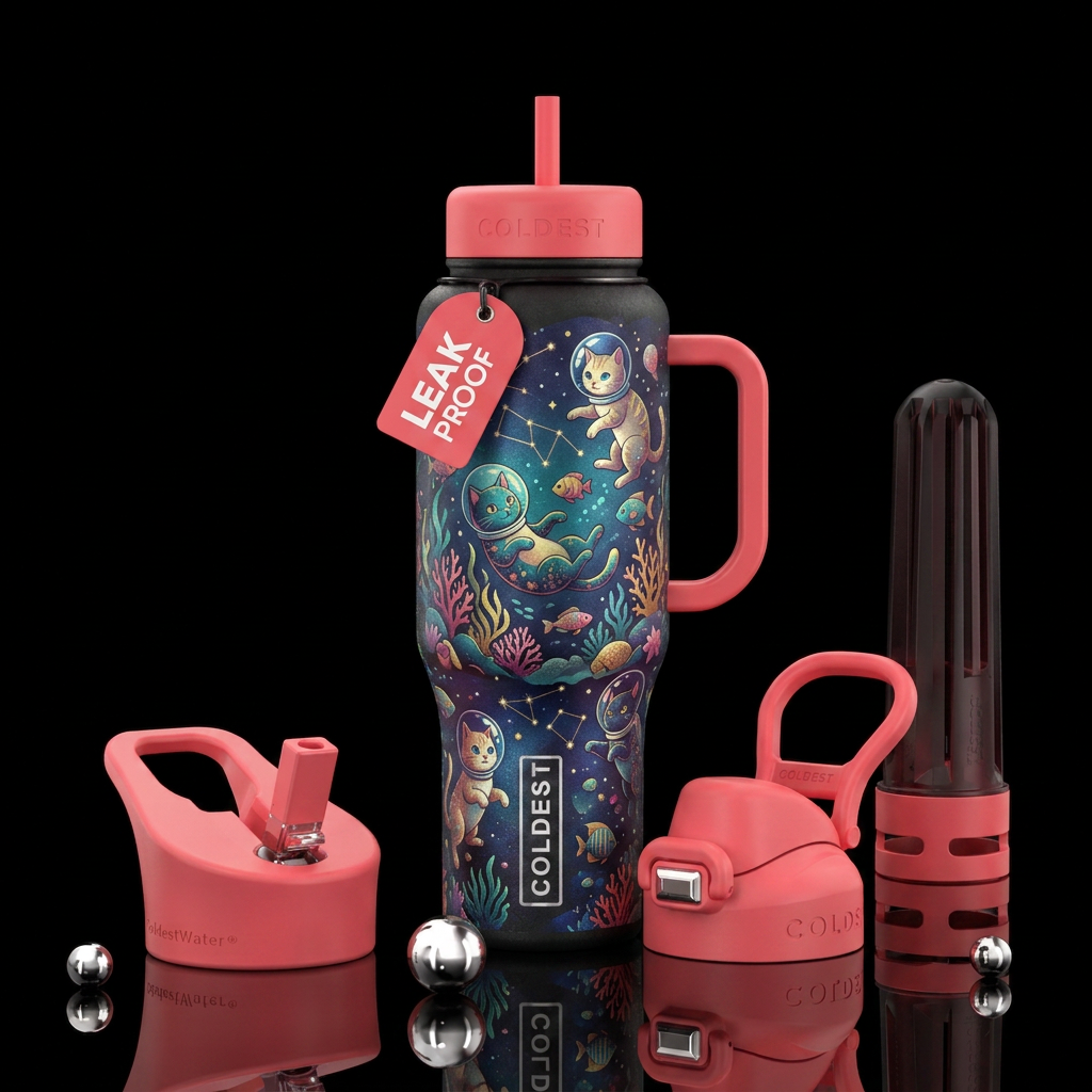 cat, ocean, whimsical water bottle design