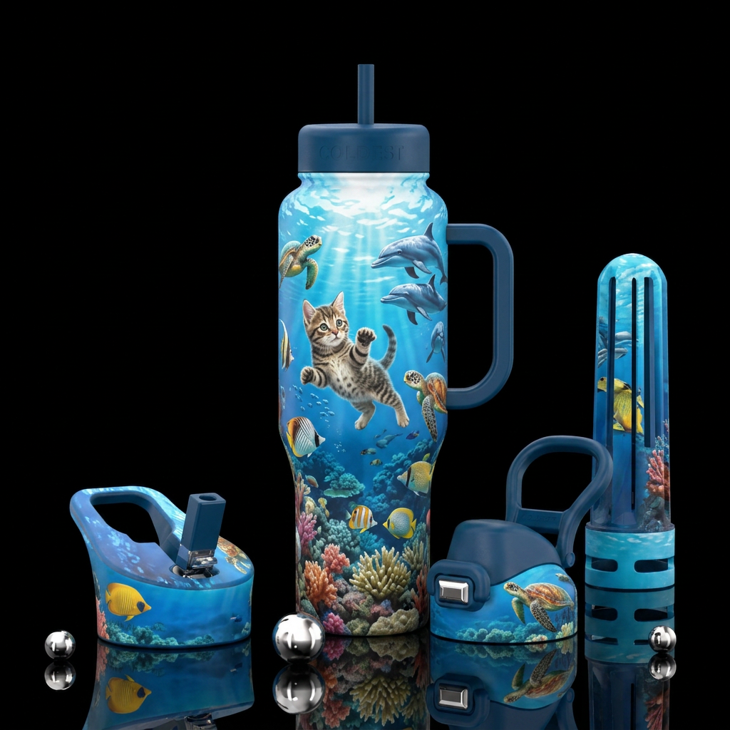 cat, ocean, realism water bottle design