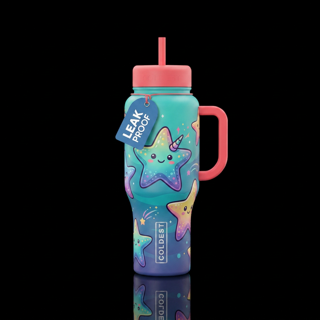 starfish, whimsical, happy mood, mythical, cartoon water bottle design