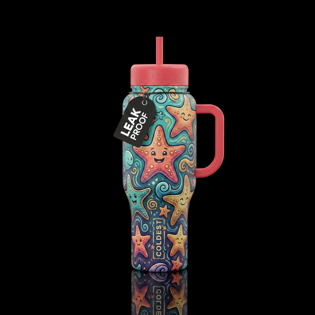 starfish, whimsical, happy mood, mythical, cartoon water bottle design