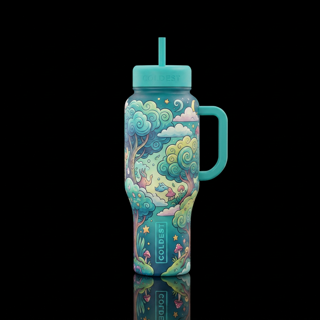 trees, whimsical, clouds water bottle design