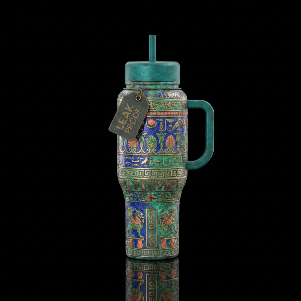 vibrant, ancient, old water bottle design