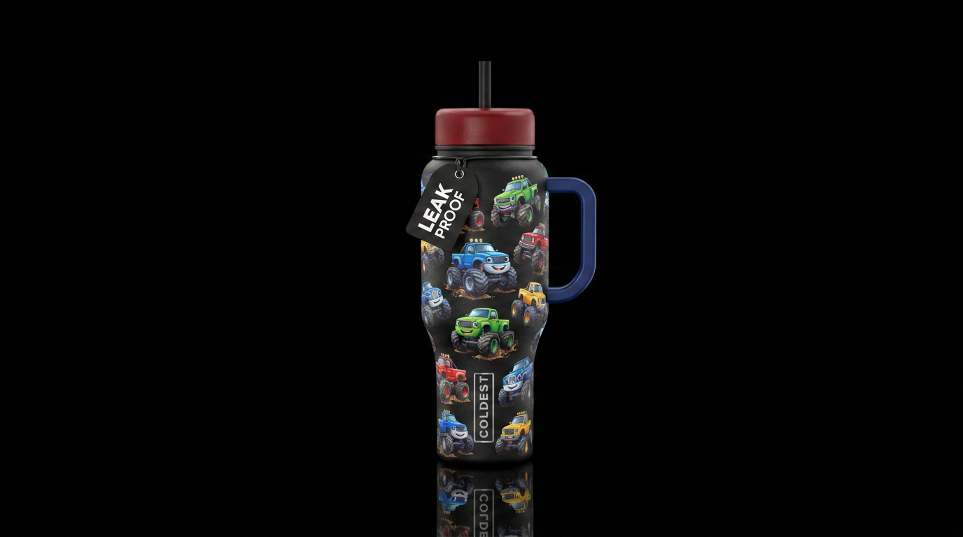 Baby monster trucks water bottle design