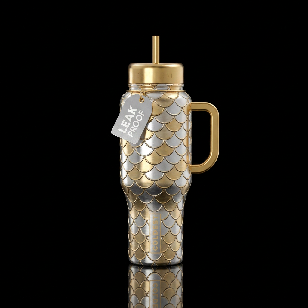 Silver and gold mermaid scales water bottle design