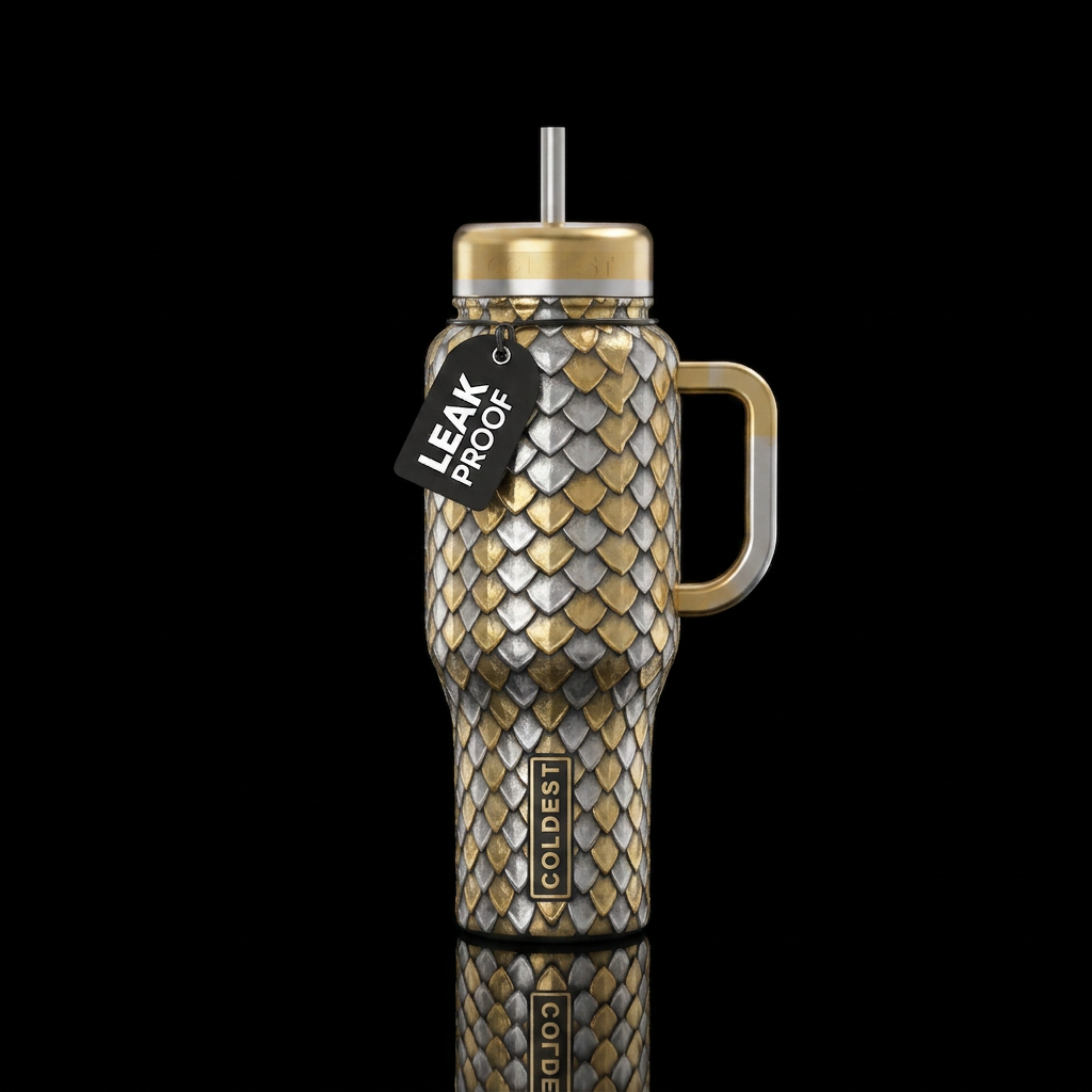Silver and gold dragon scales water bottle design
