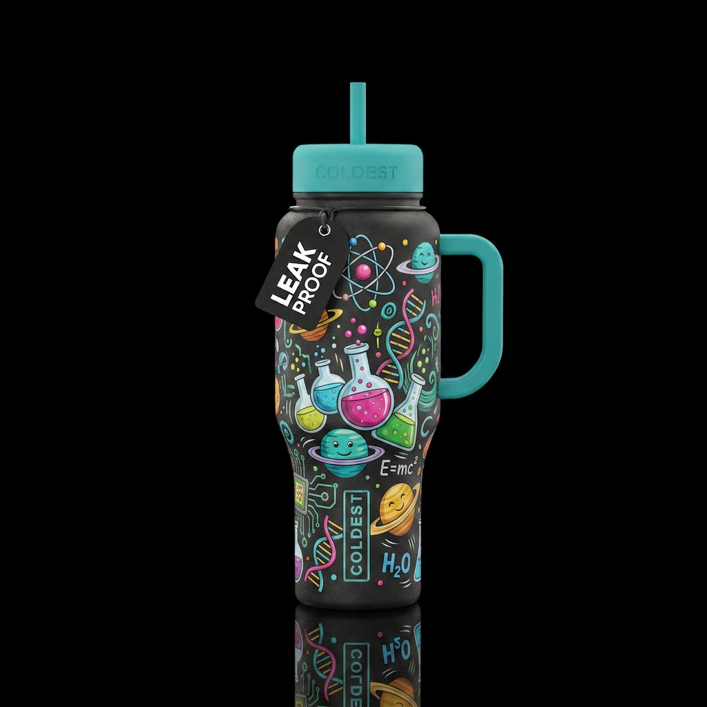 scientific, cartoon water bottle design