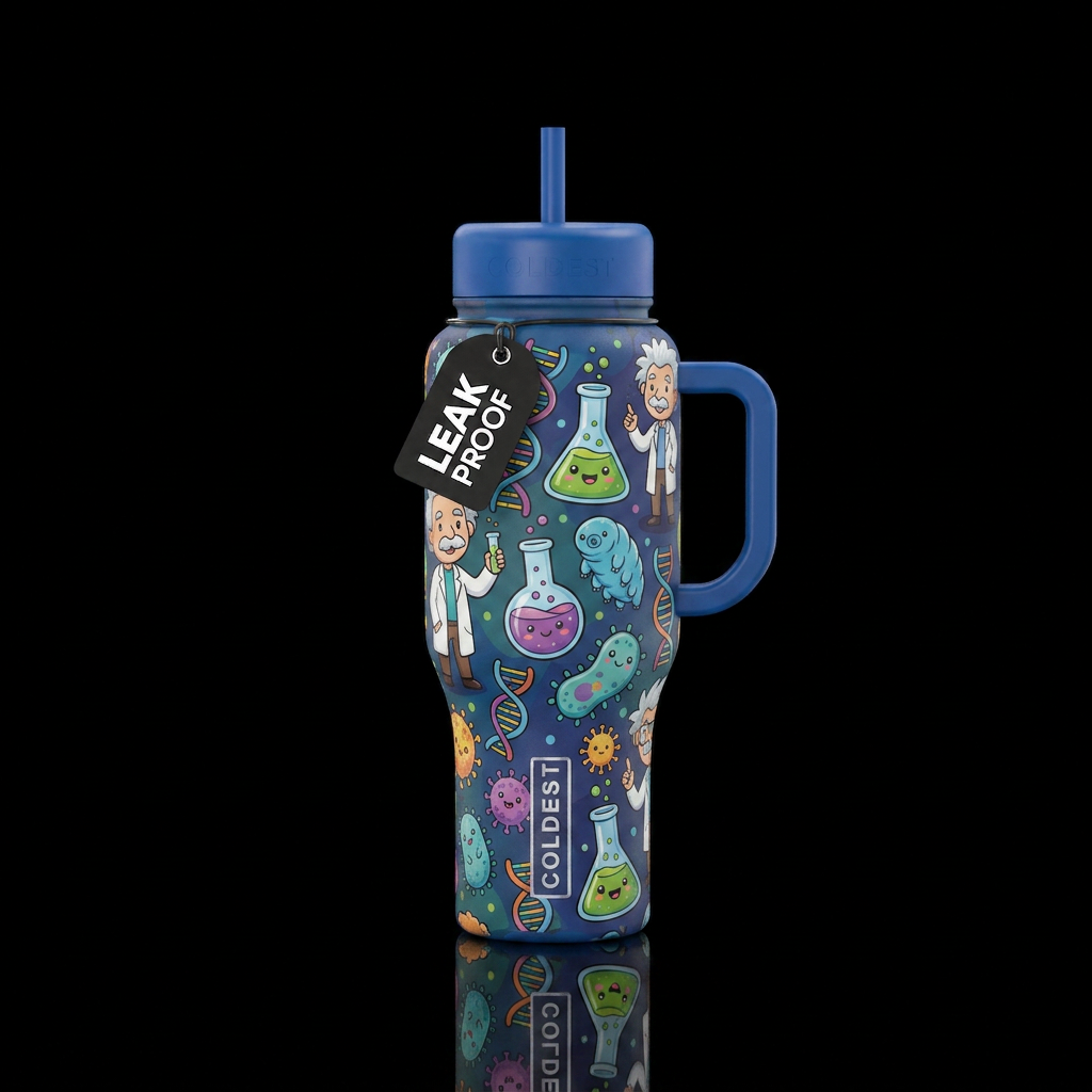 scientific, cartoon water bottle design