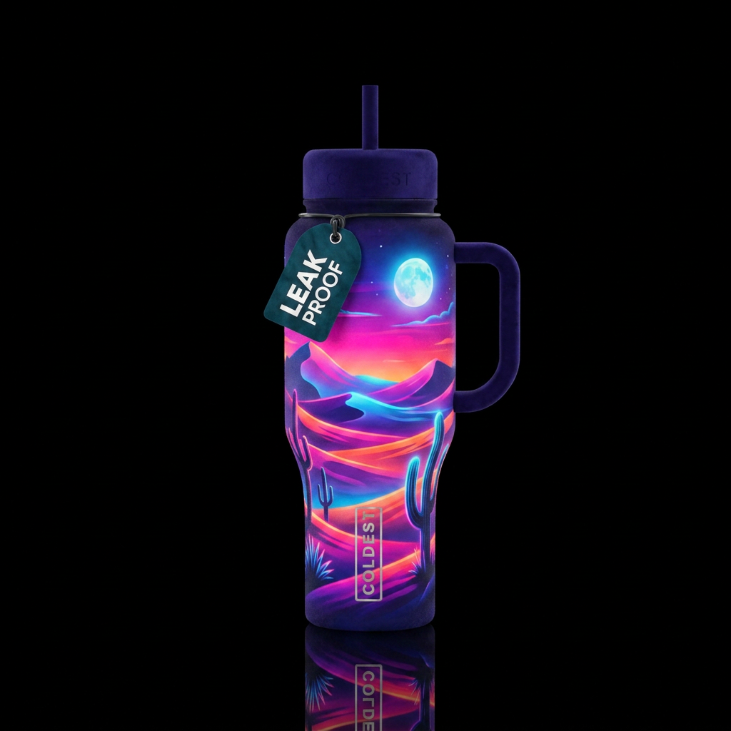 dreamy, desert, velvet finish, glowie water bottle design