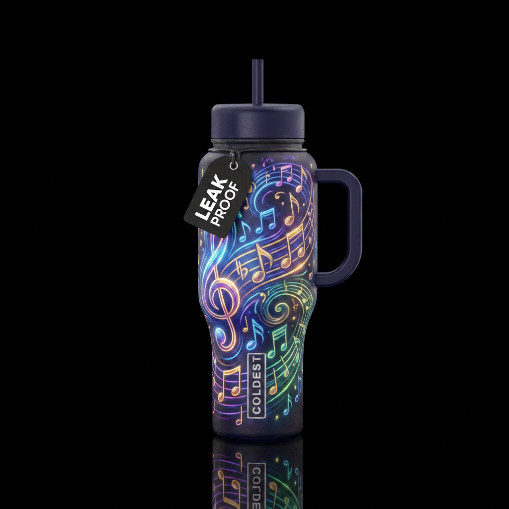 music notes, beautiul, vibrant, magical, realism, ... water bottle design