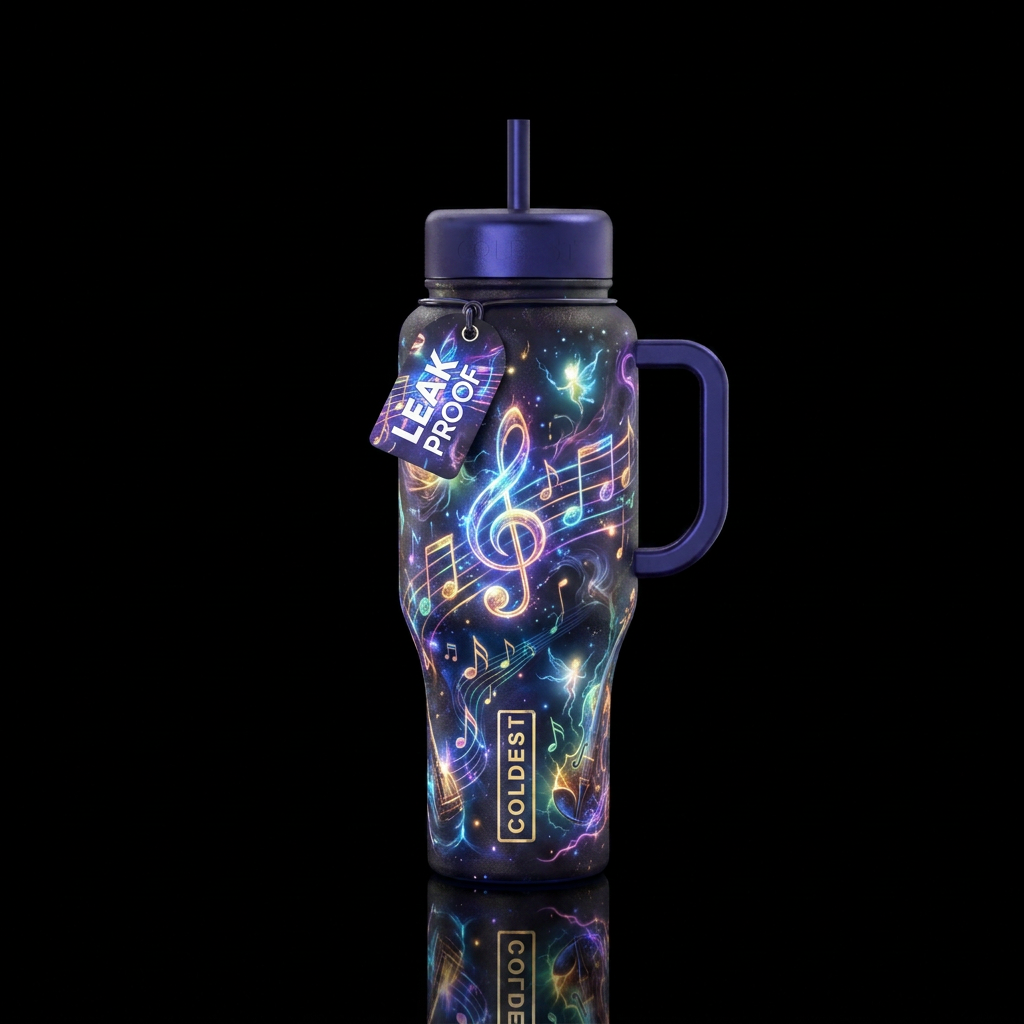 music notes, beautiul, vibrant, magical, realism, ... water bottle design