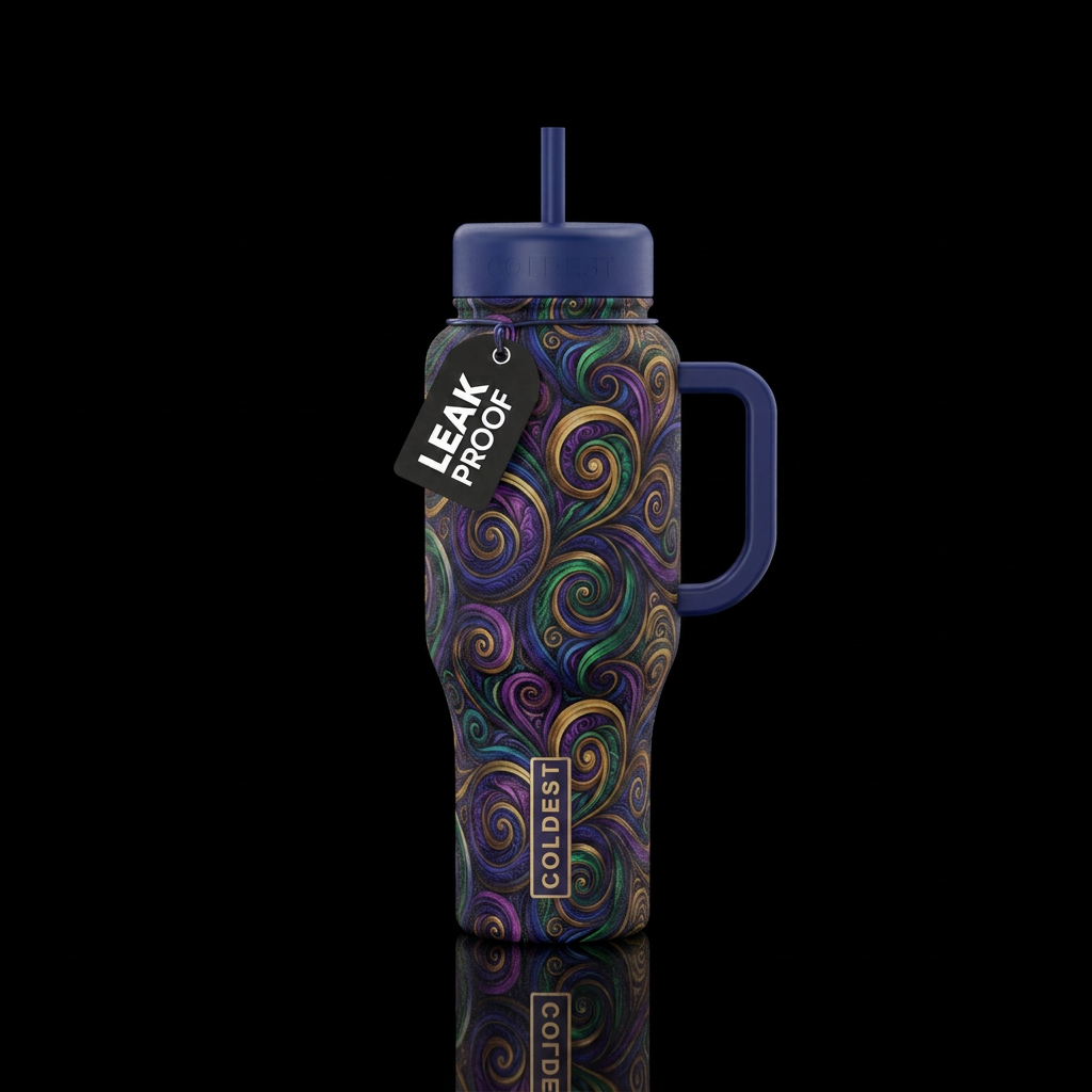 spirals, dark mood, luxurious, whimsical water bottle design