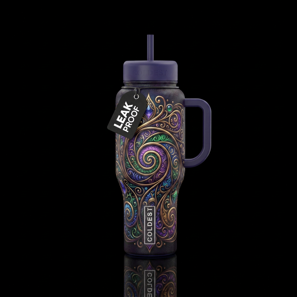 spirals, dark mood, luxurious, whimsical water bottle design