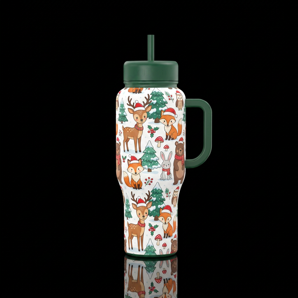 Woodland animals christmas cartoon water bottle design