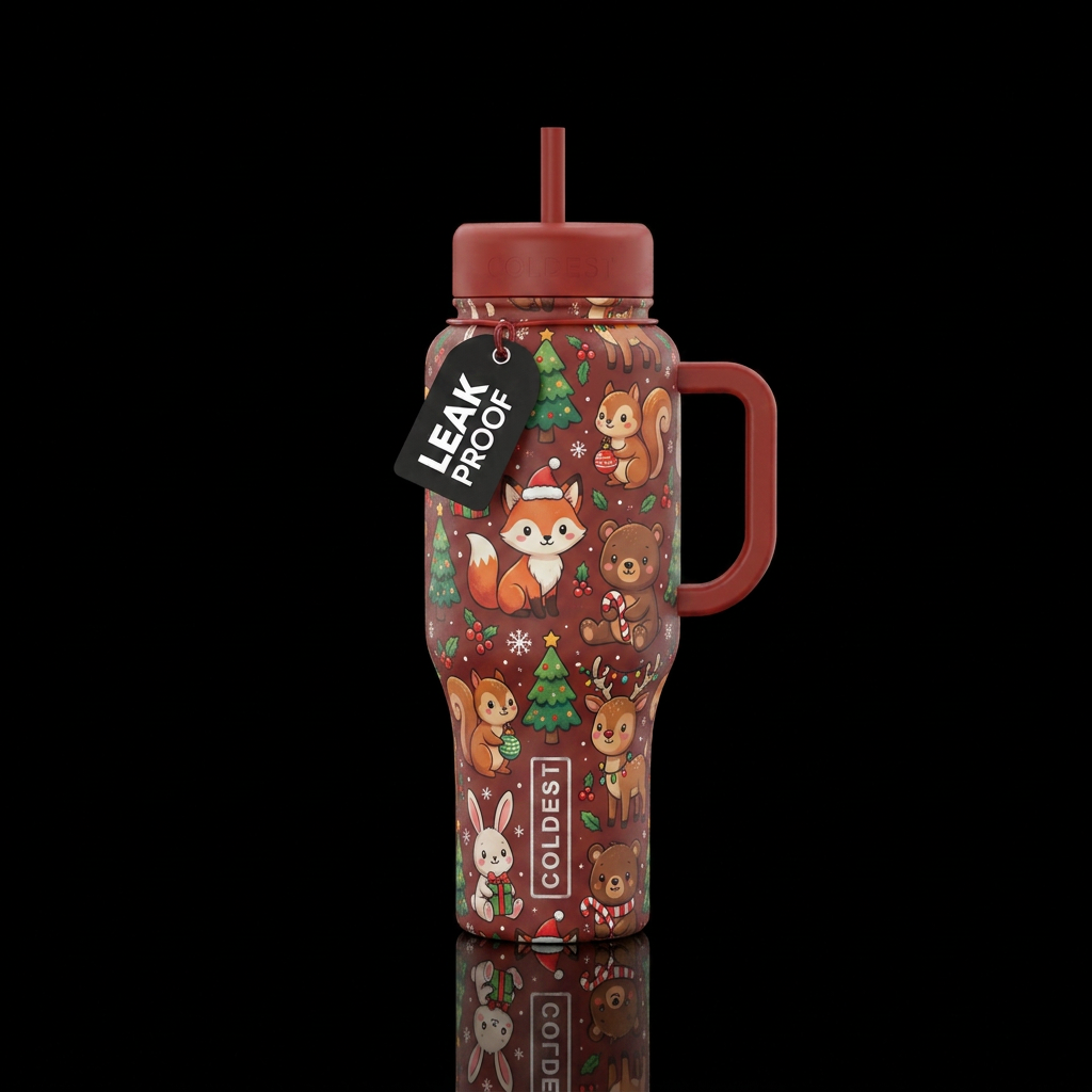 Woodland animals christmas cartoon water bottle design