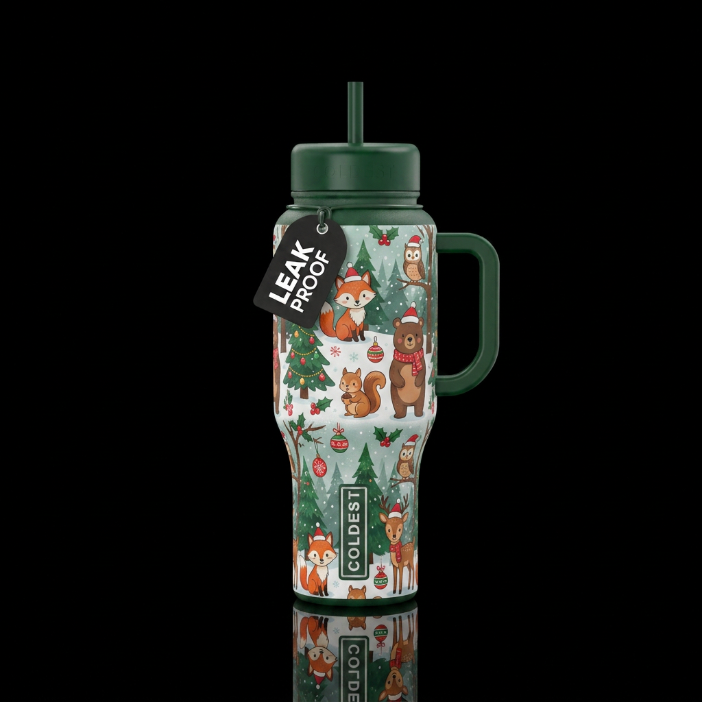 Woodland animals christmas cartoon water bottle design