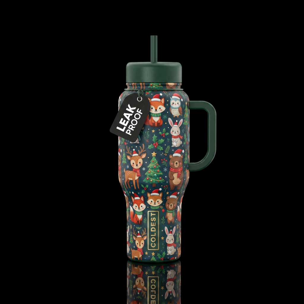 Woodland animals christmas cartoon water bottle design
