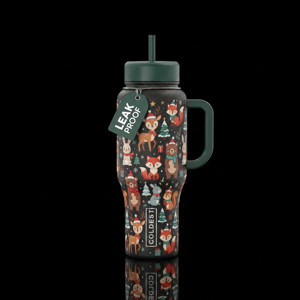 Woodland animals christmas cartoon water bottle design